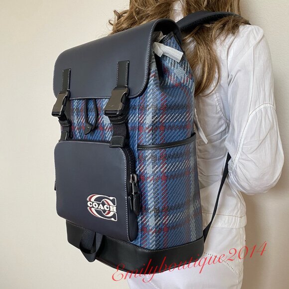 NWT Coach Men’s Canvas Leather W Plaid Print & Coach Stamp Track Backpack Navy - Picture 5 of 16